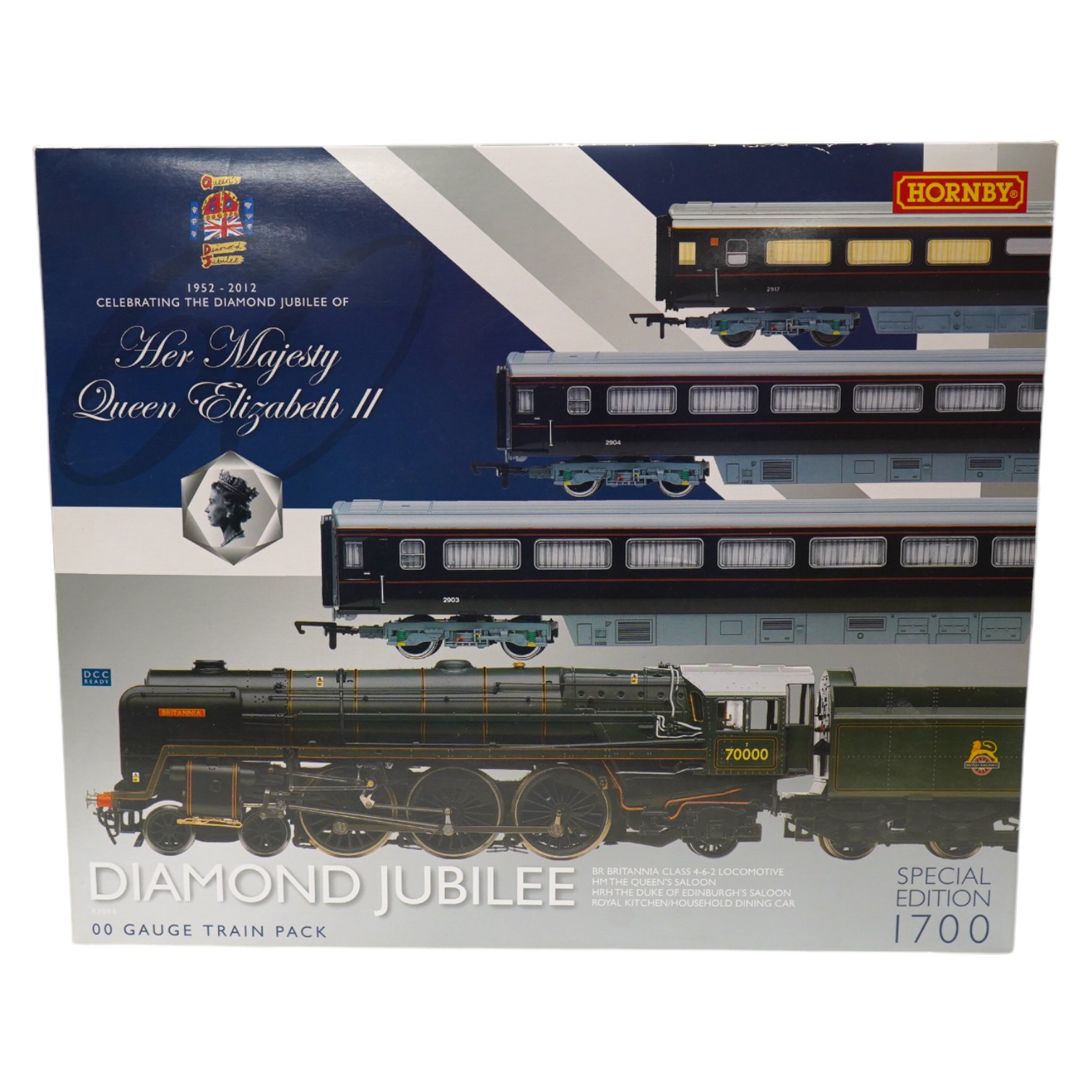 A Hornby Hobbies 00 gauge railway ‘Diamond Jubilee’ train pack, R3094, Queen Elizabeth II Royal Train comprising of a BR Britannia class locomotive and three carriages. Condition - good.